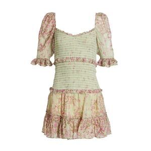 Hemant & Nandita 'Tiered' Green Floral Print V Neck Elbow Sleeve Mini Dress